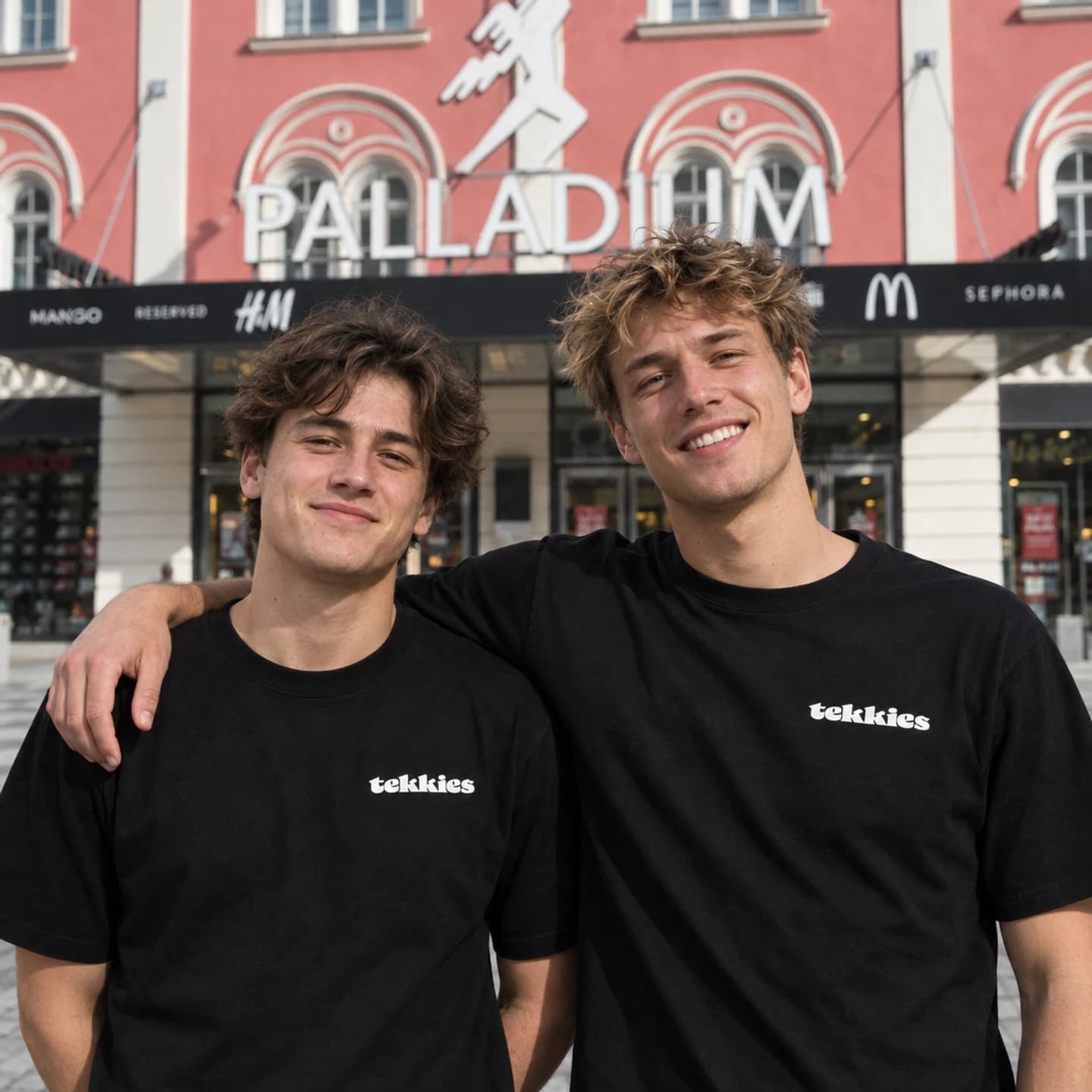 Model v tmavé mikině a Nike Dunk Low Panda v ulicích města s barevnými konfetami