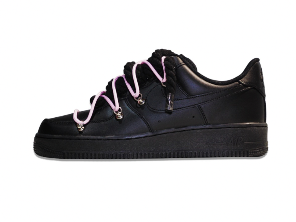 NIKE AIR FORCE 1 LOW ‘07 BLACK DOUBLE ROPE LACES BLACK PINK