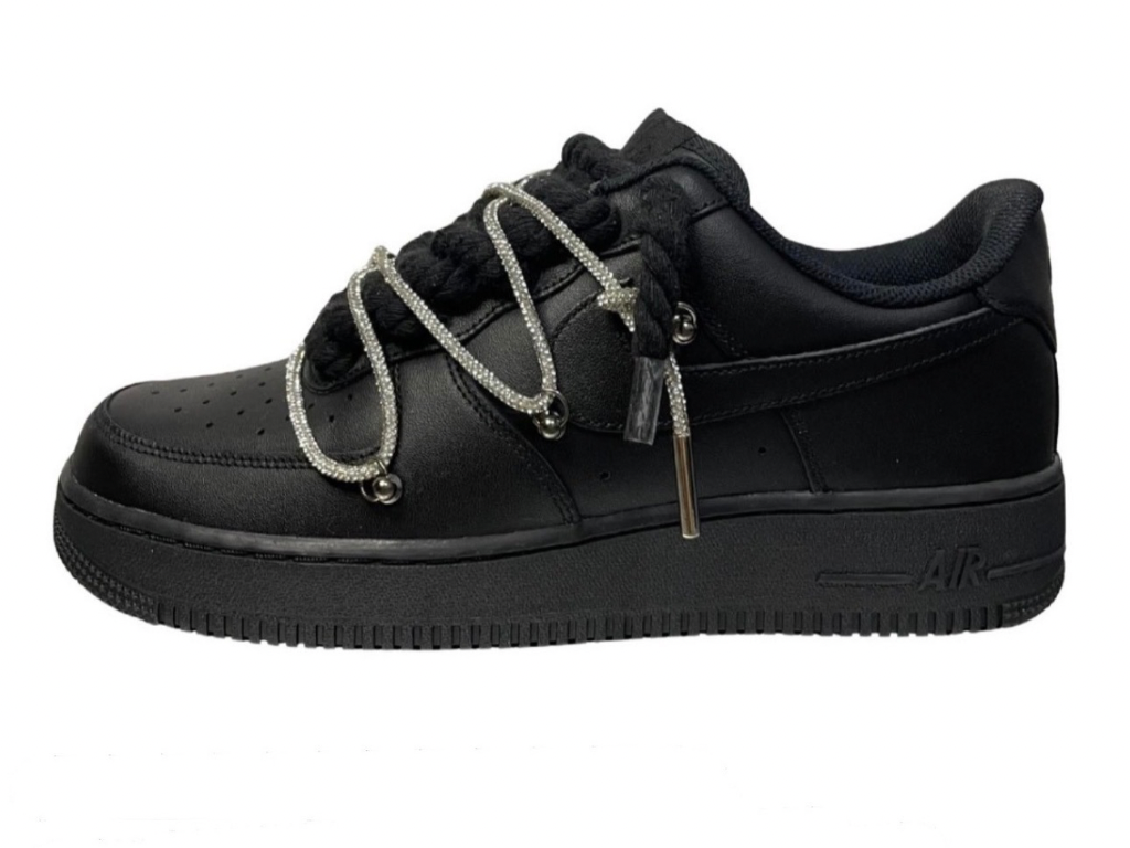 NIKE AIR FORCE 1 LOW ‘07 BLACK DOUBLE ROPE LACES BLACK SILVER