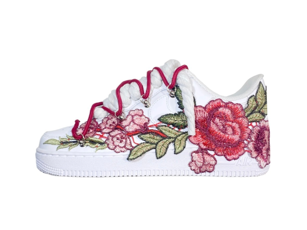 NIKE AIR FORCE 1 LOW ‘07 WHITE DOUBLE ROPE LACES PINK ROSES