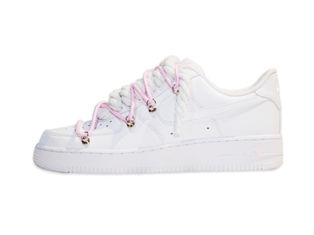 NIKE AIR FORCE 1 LOW ‘07 WHITE DOUBLE ROPE LACES WHITE PINK