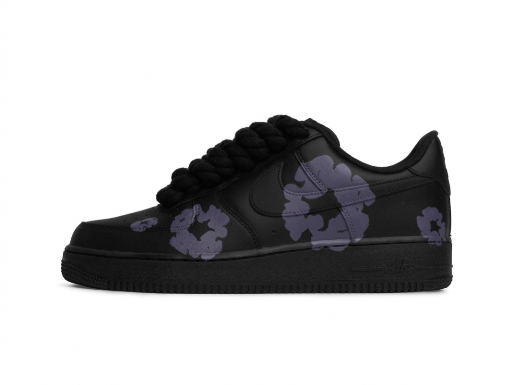 NIKE AIR FORCE 1 LOW ‘07 BLACK DENIM TEARS PURPLE ROPE LACES BLACK